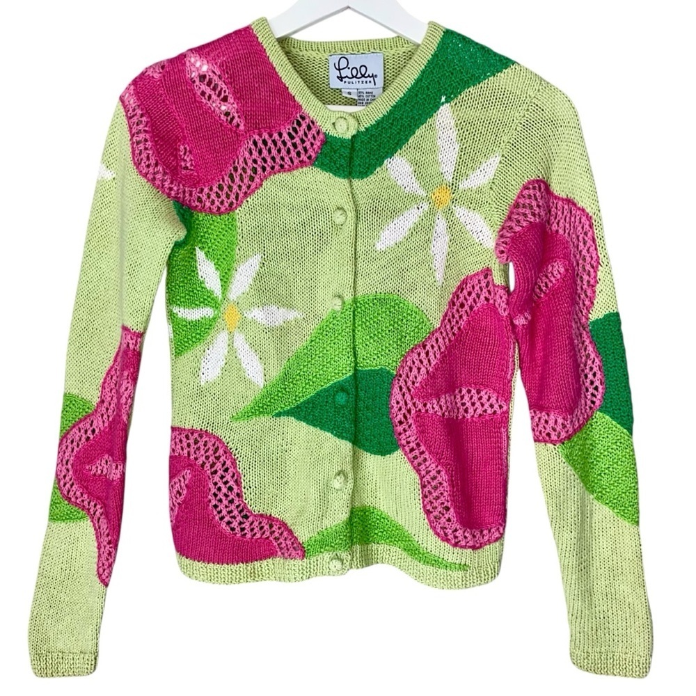 LILLY PULITZER Cardigan Sweater Button Up Long Sleeve Green Pink Floral Women S
